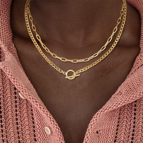 CHESKY Gold Layered Necklaces for Women, 14K Dainty Gold Chain Necklace Women Trendy Cuban Link Paperclip Chain Toggle Clasp Necklace Fashion Chunky Jewelry for Women