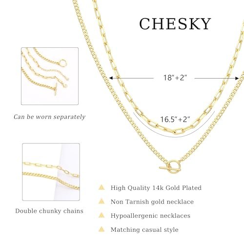 CHESKY Gold Layered Necklaces for Women, 14K Dainty Gold Chain Necklace Women Trendy Cuban Link Paperclip Chain Toggle Clasp Necklace Fashion Chunky Jewelry for Women