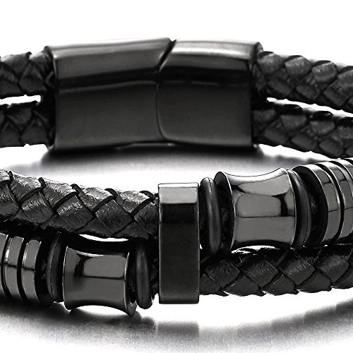 COOLSTEELANDBEYOND Mens Double-Row Braided Leather Bracelet Bangle Wristband with Stainless Steel Ornaments