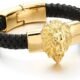 COOLSTEELANDBEYOND Mens Large Braided Leather Bracelet with Steel Lion and Genuine Leather Straps