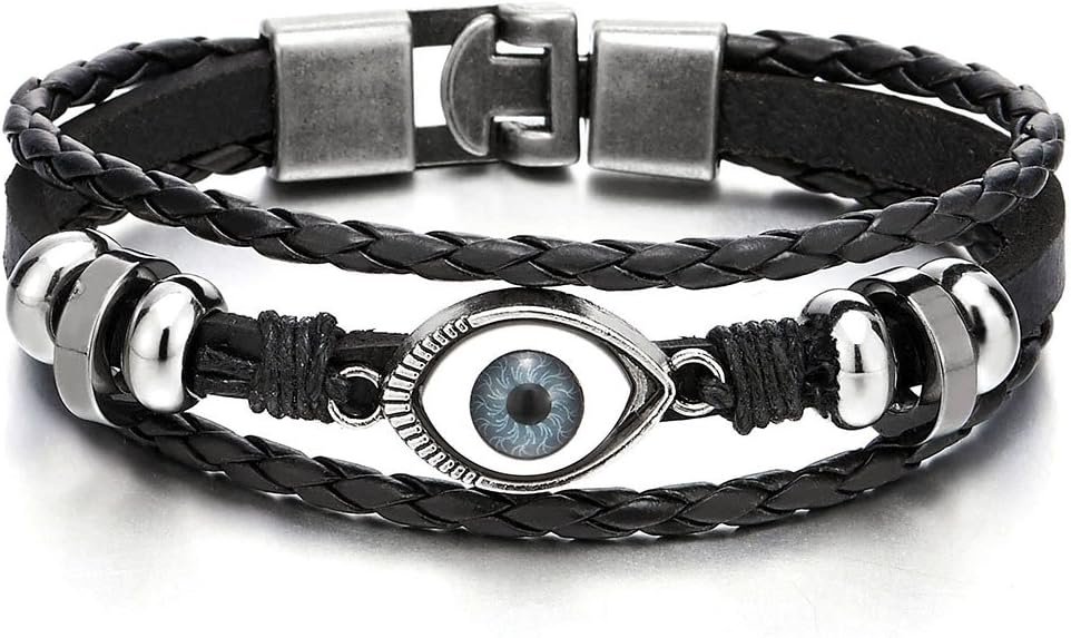 COOLSTEELANDBEYOND Mens Womens Three-Row Leather Evil Eye Beads Charms Bracelet Wristband Wrap Bracelet