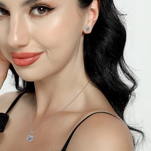 Cubic Zirconia Earrings and Necklace Set for Women 14K White Gold Plated Square Jewelry Set for Women Silver Pendant Necklace Hypoallergenic Stud Earrings Set Jewellery Gift