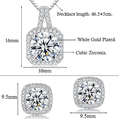 Cubic Zirconia Earrings and Necklace Set for Women 14K White Gold Plated Square Jewelry Set for Women Silver Pendant Necklace Hypoallergenic Stud Earrings Set Jewellery Gift