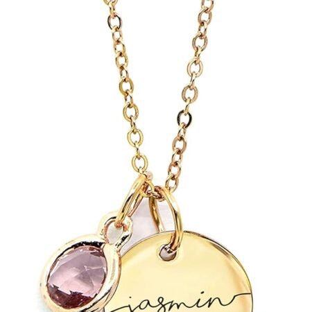 Custom Birthstone Name Necklace Personalized for Women Girls Birthday Gold Plated Gemstone Pendant Jewelry for Mom Engraved Necklace Handmade Customized June Anniversary Grandma...