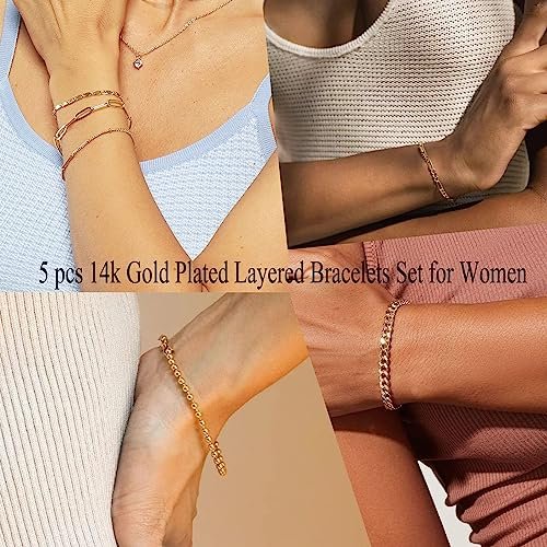 Dainty Gold Chain Bracelets Set for Women 14K Real Gold Plated Link Chain Bracelets for Women Trendy Gold Stackable Cuff Bracelets for Jewelry Gifts Women Adjustable 7"+2"