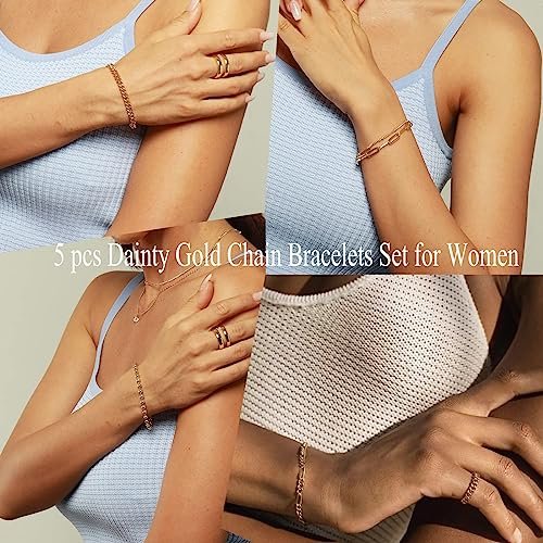 Dainty Gold Chain Bracelets Set for Women 14K Real Gold Plated Link Chain Bracelets for Women Trendy Gold Stackable Cuff Bracelets for Jewelry Gifts Women Adjustable 7"+2"