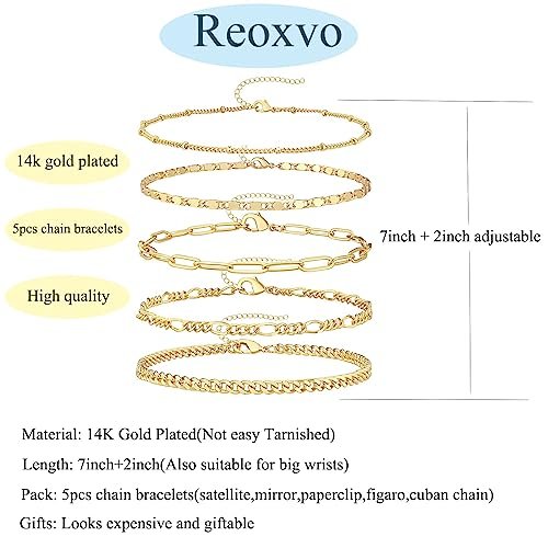 Dainty Gold Chain Bracelets Set for Women 14K Real Gold Plated Link Chain Bracelets for Women Trendy Gold Stackable Cuff Bracelets for Jewelry Gifts Women Adjustable 7"+2"