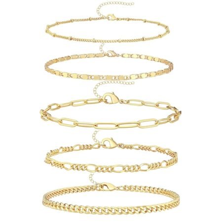 Dainty Gold Chain Bracelets Set for Women 14K Real Gold Plated Link Chain Bracelets for Women Trendy Gold Stackable Cuff Bracelets for Jewelry Gifts Women Adjustable 7"+2"