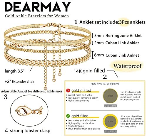 DEARMAY Gold Ankle Bracelets for Women Waterproof 3Pcs 14K Gold Plated Anklets Layered Cuban Link Chain Herringbone Dainty Cute Anklets Set Pack Summer Beach Jewelry Gift for Women