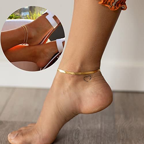 DEARMAY Gold Ankle Bracelets for Women Waterproof 3Pcs 14K Gold Plated Anklets Layered Cuban Link Chain Herringbone Dainty Cute Anklets Set Pack Summer Beach Jewelry Gift for Women