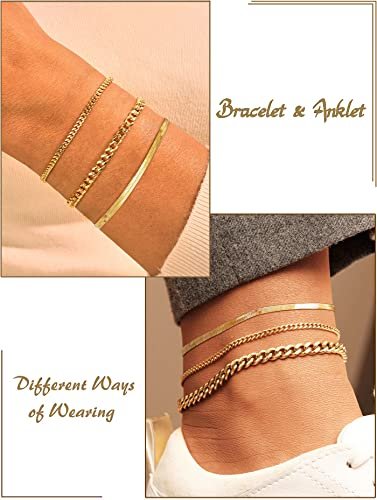 DEARMAY Gold Ankle Bracelets for Women Waterproof 3Pcs 14K Gold Plated Anklets Layered Cuban Link Chain Herringbone Dainty Cute Anklets Set Pack Summer Beach Jewelry Gift for Women
