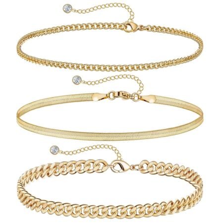 DEARMAY Gold Ankle Bracelets for Women Waterproof 3Pcs 14K Gold Plated Anklets Layered Cuban Link Chain Herringbone Dainty Cute Anklets Set Pack Summer Beach Jewelry Gift for Women