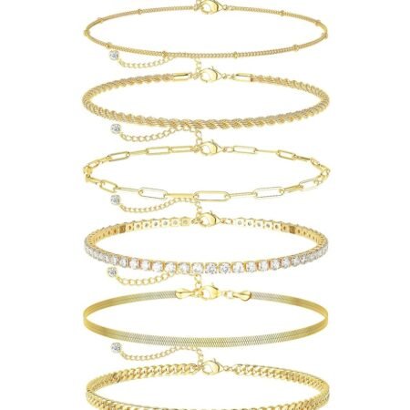 DEARMAY Gold Ankle Bracelets for Women Waterproof - Dainty 6Pcs 14K Gold Plated Anklets Layered Cuban Link Chain Herringbone Cute Anklets Set Pack Summer Beach Jewelry Gift for...