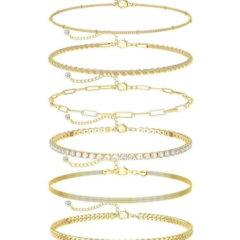 DEARMAY Gold Ankle Bracelets for Women Waterproof - Dainty 6Pcs 14K Gold Plated Anklets Layered Cuban Link Chain Herringbone Cute Anklets Set Pack Summer Beach Jewelry Gift for...