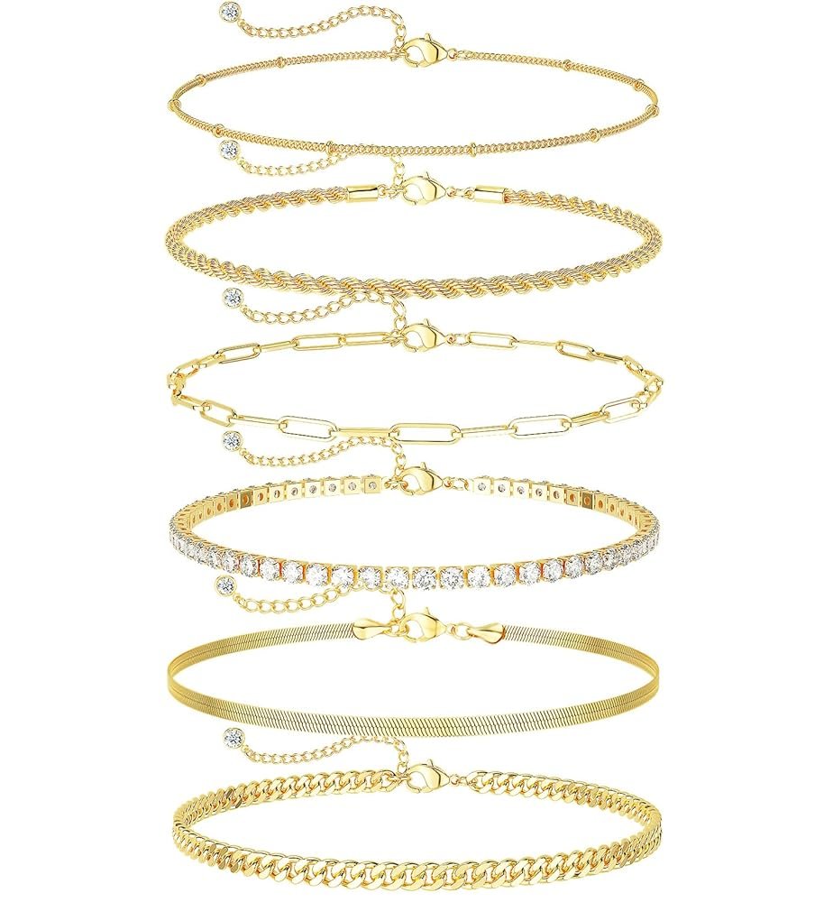 DEARMAY Gold Ankle Bracelets for Women Waterproof - Dainty 6Pcs 14K Gold Plated Anklets Layered Cuban Link Chain Herringbone Cute Anklets Set Pack Summer Beach Jewelry Gift for...