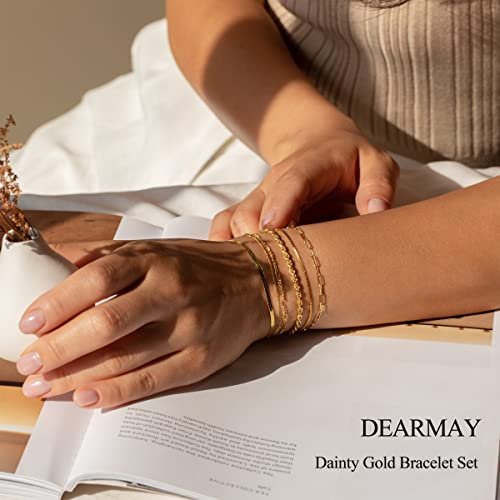 DEARMAY Gold Bracelets for Women Waterproof, 14K Real Gold Jewelry Sets for Women Trendy Thin Dainty Stackable Cuban Link Paperclip Chain Bracelet Pack Fashion Accessories Gifts...