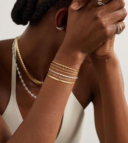 DEARMAY Waterproof Gold Bracelets Set for Women Trendy, Dainty 14K Real Gold Plated Jewelry Fashion Stackable Tennis Beaded Figaro Herringbone Paperclip Link Bracelet Pack Stack...