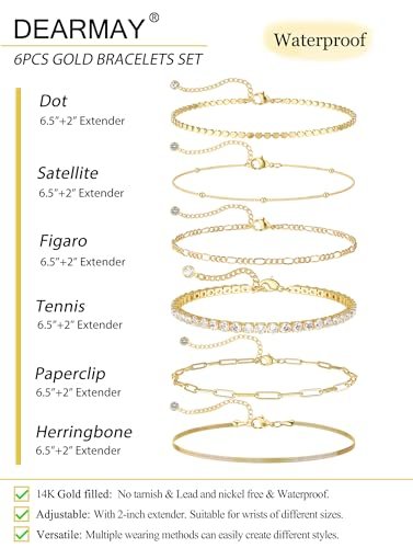 DEARMAY Waterproof Gold Bracelets Set for Women Trendy, Dainty 14K Real Gold Plated Jewelry Fashion Stackable Tennis Beaded Figaro Herringbone Paperclip Link Bracelet Pack Stack...