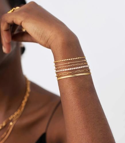 DEARMAY Waterproof Gold Bracelets Set for Women Trendy, Dainty 14K Real Gold Plated Jewelry Fashion Stackable Tennis Beaded Figaro Herringbone Paperclip Link Bracelet Pack Stack...