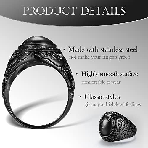 Dochais Retro Tiger Eye Stone Mens Rings, Black Onyx Rings for Men Stainless Steel Ring Oval Biker Ring for Mens Jewelry