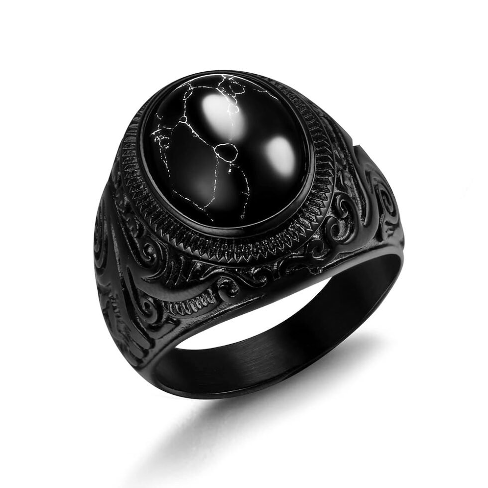 Dochais Retro Tiger Eye Stone Mens Rings, Black Onyx Rings for Men Stainless Steel Ring Oval Biker Ring for Mens Jewelry