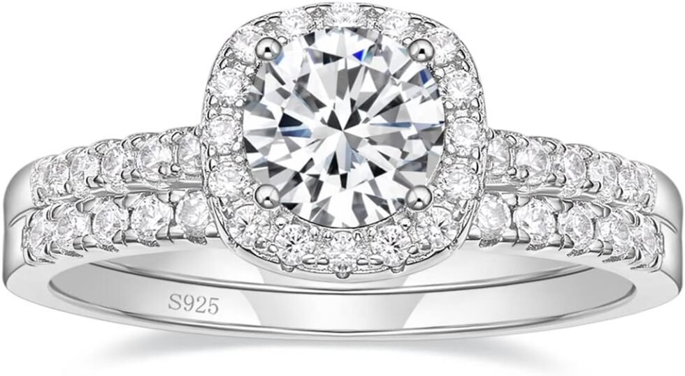 EAMTI 1.25CT 925 Sterling Silver Bridal Rings Sets Cubic Zirconia Halo CZ Engagements Rings Wedding Bands for Women Promise Rings for her Size 4-11