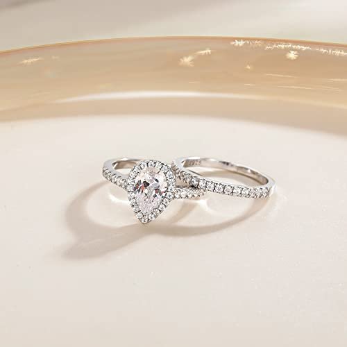 EAMTI 1.5CT 925 Sterling Silver Wedding Band Teardrop Bridal Rings Sets Halo Cubic Zirconia Solitaire Promise Engagement Rings for Women Size 3-11