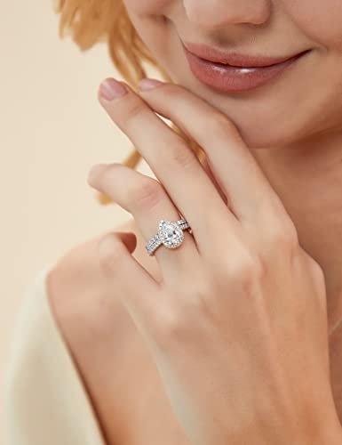 EAMTI 1.5CT 925 Sterling Silver Wedding Band Teardrop Bridal Rings Sets Halo Cubic Zirconia Solitaire Promise Engagement Rings for Women Size 3-11