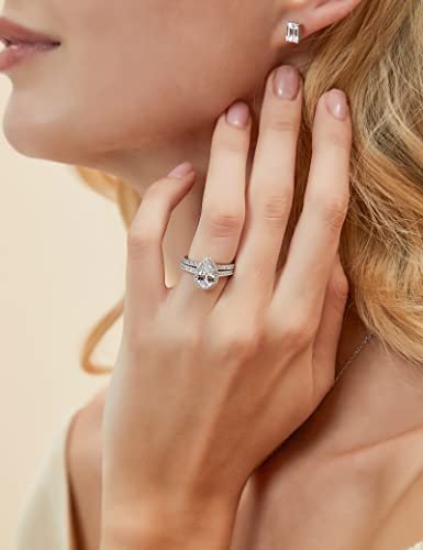 EAMTI 1.5CT 925 Sterling Silver Wedding Band Teardrop Bridal Rings Sets Halo Cubic Zirconia Solitaire Promise Engagement Rings for Women Size 3-11