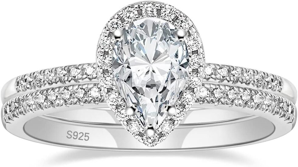 EAMTI 1.5CT 925 Sterling Silver Wedding Band Teardrop Bridal Rings Sets Halo Cubic Zirconia Solitaire Promise Engagement Rings for Women Size 3-11