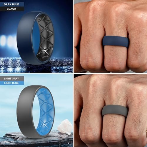 Egnaro Silicone Ring Men 1/4/6/7 Multipack of Breathable Mens Silicone Rubber Wedding Rings Bands with Air Flow Grooves