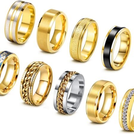 EIELO 9Pcs Stainless Steel Band Rings for Men Women Cool Fidget Spinning Chain Ring Anxiety Relief Fashion Simple Wedding Engagement Black Ring Set