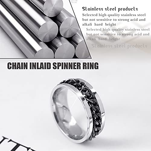 EIELO 9Pcs Stainless Steel Band Rings for Men Women Cool Fidget Spinning Chain Ring Anxiety Relief Fashion Simple Wedding Engagement Black Ring Set