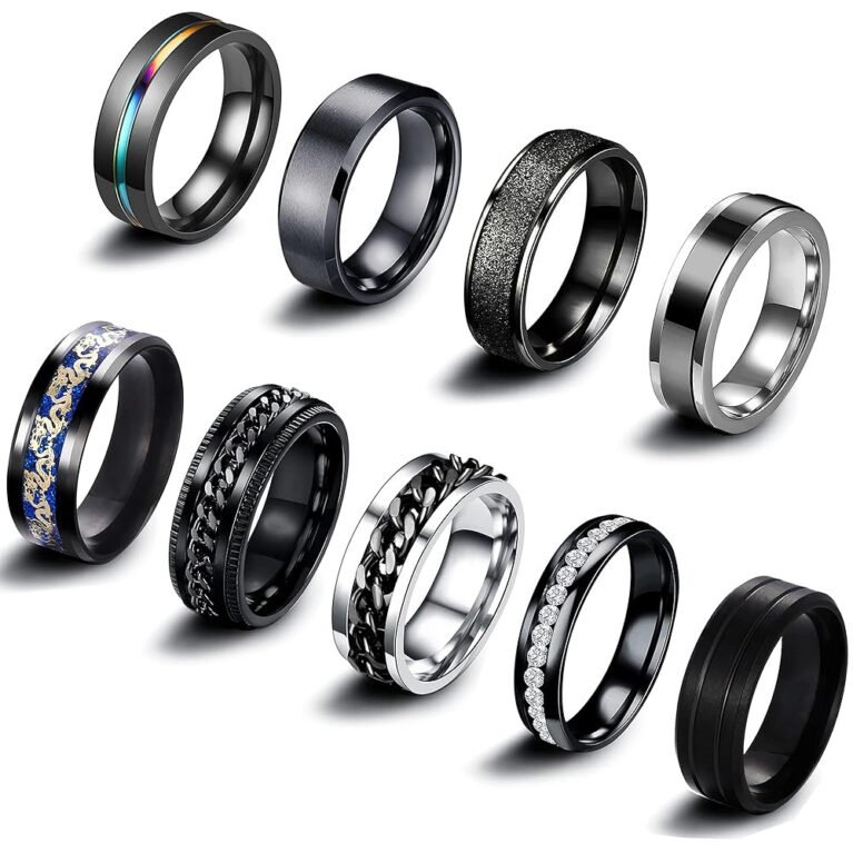 EIELO 9Pcs Stainless Steel Band Rings for Men Women Cool Fidget Spinning Chain Ring Anxiety Relief Fashion Simple Wedding Engagement Black Ring Set