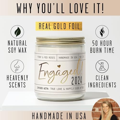 Engagement Gift, Engagement Gifts for Couples -'Engaged 2024' Candle, w/Peony & Rose Wedding Bouquet I Engagement Gifts for Her I Fiance Gifts for Women I Engaged Gifts I 50Hr...