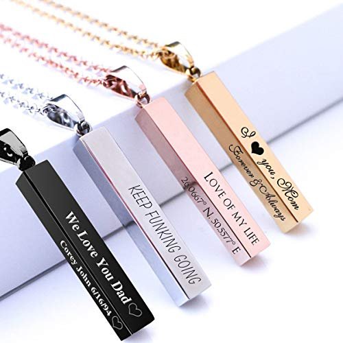 EVER2000 Personalized 3D Vertical Bar Necklace, Custom Necklace Engraved with Any Name Pendant Jewelry Gift