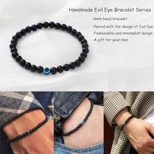 Evil Eye Bracelet Natural Stretch Adjustable Beaded Bracelets for Men (A03 black agate)