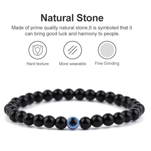 Evil Eye Bracelet Natural Stretch Adjustable Beaded Bracelets for Men (A03 black agate)