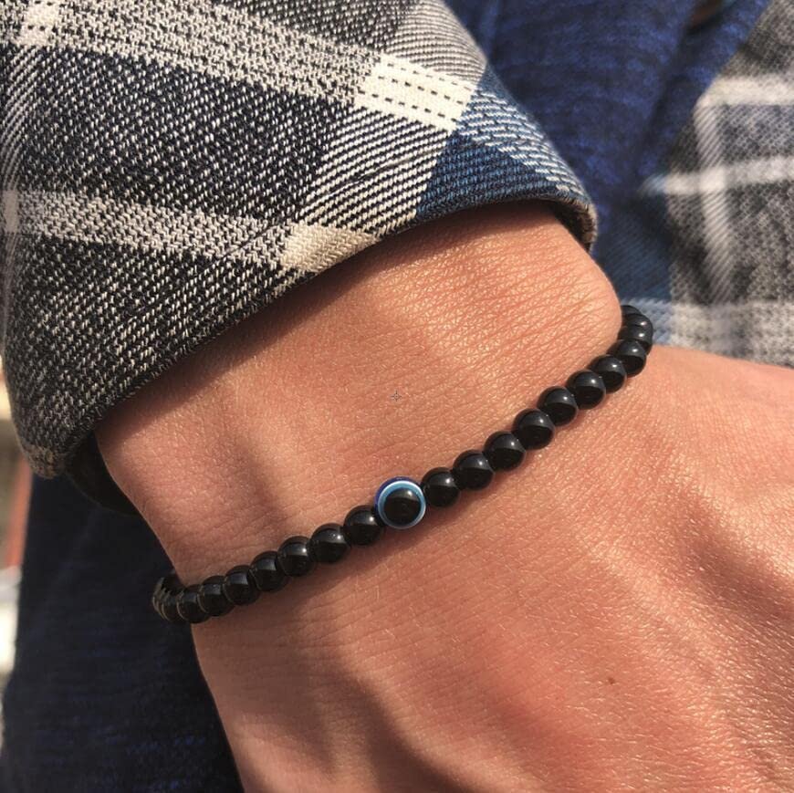 Evil Eye Bracelet Natural Stretch Adjustable Beaded Bracelets for Men (A03 black agate)