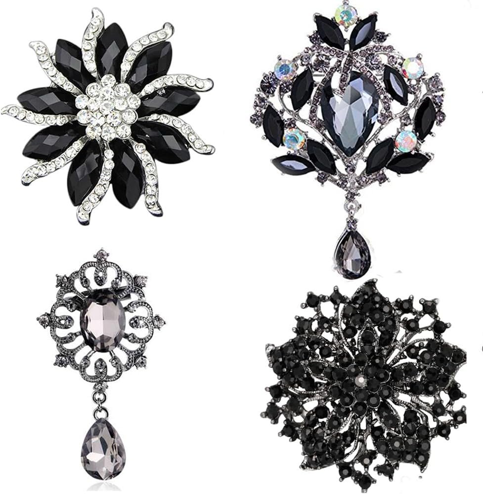 Ezing 4Pcs Brooch Lot with Large Big Size Rhinestone Crystal Fashion Jewelry