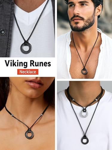 FaithHeart Norse Viking Rune Necklace with Adjustable Braided Leather/Stainless Steel Rope Chains for Men Women, Vintage Amulet Jewelry Gift with Delicate Box