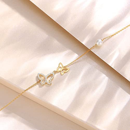 FANCIME Real Solid 14K Yellow Gold Butterfly Bracelet with 4mm Freshwater Pearls Luxury Cubic Zircon Adjustable Bracelet Real Pearl Fine Jewelry for Women Wife Daughter...