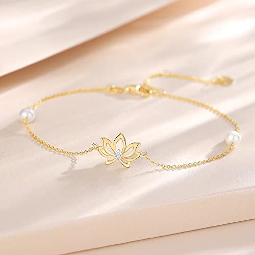 FANCIME Real Solid 14K Yellow Gold Lotus Flower Bracelet with 4mm Freshwater Pearls Luxury Adjustable Bracelet Real Pearl Fine Jewelry for Women Wife Daughter 6.7’’+1.2’’...