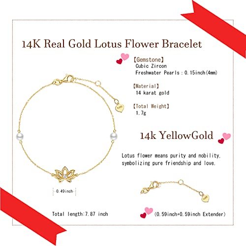 FANCIME Real Solid 14K Yellow Gold Lotus Flower Bracelet with 4mm Freshwater Pearls Luxury Adjustable Bracelet Real Pearl Fine Jewelry for Women Wife Daughter 6.7’’+1.2’’...