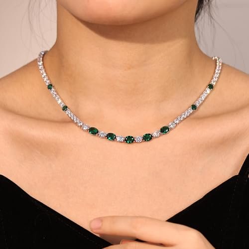 FANCIME Sterling Silver Created Emerald Tennis Necklace May Birthstone Necklace with 4mm Cubic Zirconia 6 * 8mm Oval Emerald Luxury Fine Jewelry for Women 18"