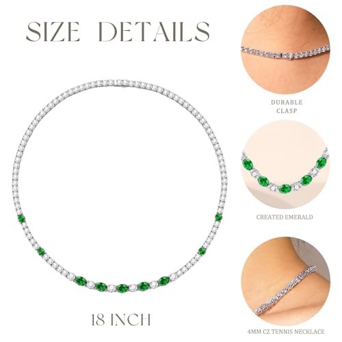 FANCIME Sterling Silver Created Emerald Tennis Necklace May Birthstone Necklace with 4mm Cubic Zirconia 6 * 8mm Oval Emerald Luxury Fine Jewelry for Women 18"