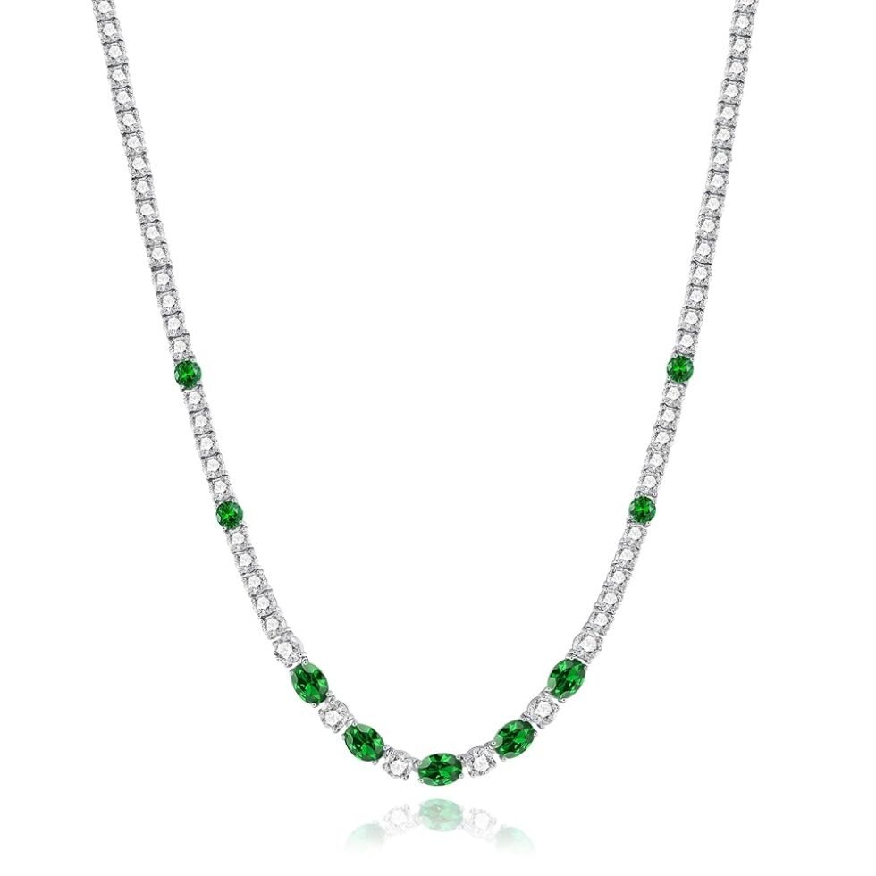 FANCIME Sterling Silver Created Emerald Tennis Necklace May Birthstone Necklace with 4mm Cubic Zirconia 6 * 8mm Oval Emerald Luxury Fine Jewelry for Women 18"