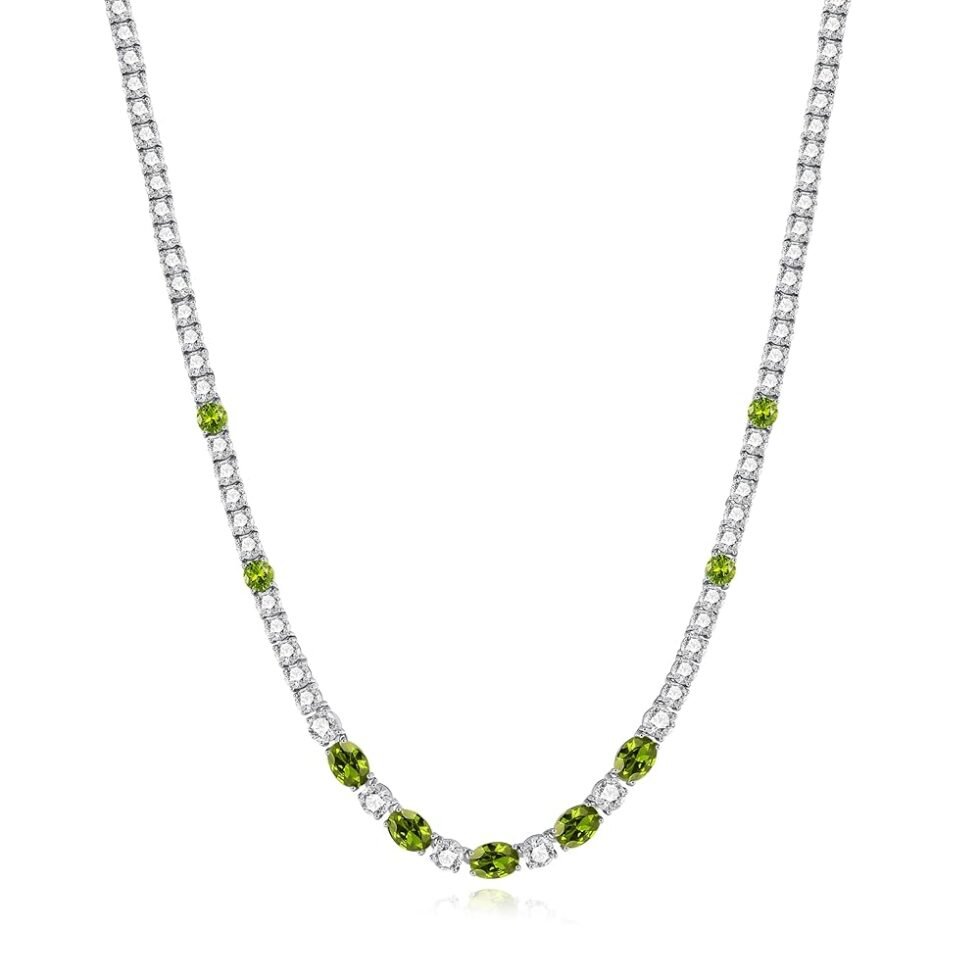 FANCIME Sterling Silver Created Peridot Tennis Necklace August Birthstone Necklace with 4mm Cubic Zirconia 6 * 8mm Oval Peridot Luxury Fine Jewelry for Women 18"