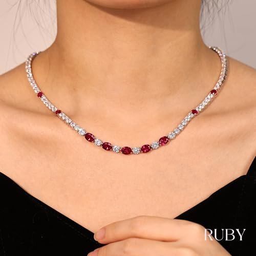 FANCIME Sterling Silver Created Ruby Tennis Necklace July Birthstone Necklace with 4mm Cubic Zirconia 6 * 8mm Oval Ruby Luxury Fine Jewelry for Women 18"