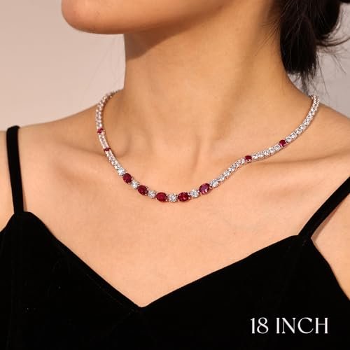 FANCIME Sterling Silver Created Ruby Tennis Necklace July Birthstone Necklace with 4mm Cubic Zirconia 6 * 8mm Oval Ruby Luxury Fine Jewelry for Women 18"